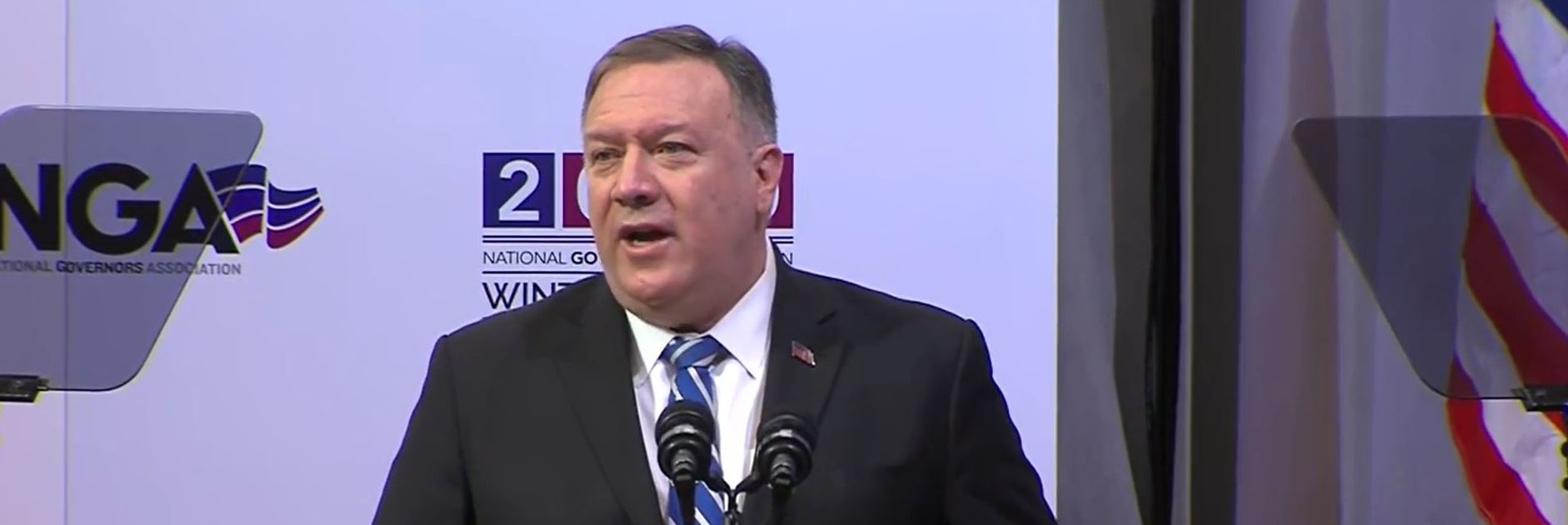 U.S. Secretary of State Mike Pompeo speaking at the Governors' Winter Meeting on February 8, 2020. (Screenshot via U.S. Department of State website)